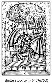 Basilisk and knight in old castle. Fantasy magic creatures collection. Hand drawn vector illustration. Engraved line art drawing, graphic mythical doodle. Template for card game, poster