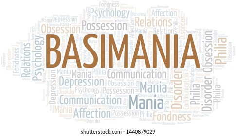 Basimania word cloud. Type of mania, made with text only.