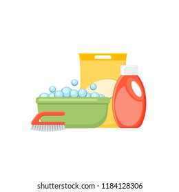 Basin, bubbles, detergents and brush vector illustration isolated on white background.