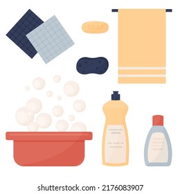 basin with bubbles, towel, sponge and bottles of detergent. vector design of cleaning tools