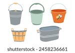 Basin, bucket icons. Plastic, metal, wooden washbowl and pails isolated. Vector. Set water containers for garden , farm or wash on white background. Flat design. Colorful cartoon illustration.