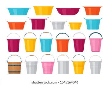 Basin, bucket icons. Plastic, metal, wooden washbowl and pails isolated. Vector. Set water containers for laundry on white background. Flat design.  Colorful cartoon illustration. 