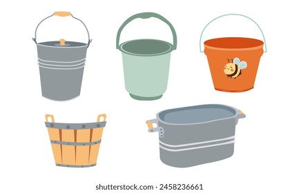 Basin, bucket icons. Plastic, metal, wooden washbowl and pails isolated. Vector. Set water containers for garden , farm or wash on white background. Flat design. Colorful cartoon illustration.