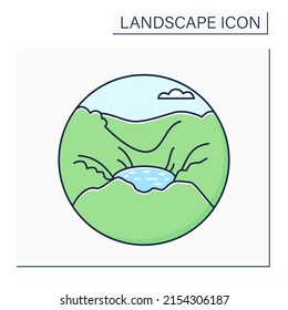 Basin color icon. Large geologic basin. Indentations in earth surface or in mount with lake or pond.Landscape concept.Isolated vector illustration