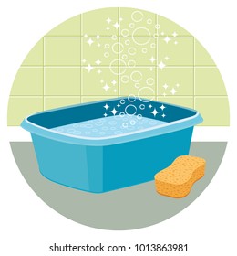 Basin filled with water with sponge. House cleaning vector icon.