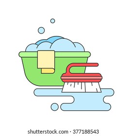 Basin with foam, rag and clean brush isolated on white background. Cleaning, the concept of the sign. Vector illustration of flat line style for the design of your web site and print