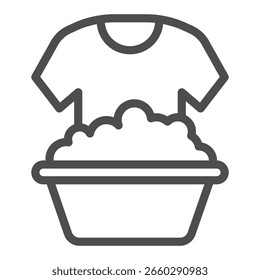 Lavabo con espuma e icono de línea de camiseta, concepto de lavado manual. Gráficos de Vector. Cuenco de la espuma del jabón con la camisa, muestra de la ropa en el fondo blanco, icono del estilo del contorno para el móvil o el Diseño web