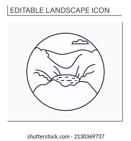 Basin line icon. Large geologic basin. Indentations in earth surface or in mount with lake or pond.Landscape concept.Isolated vector illustration. Editable stroke