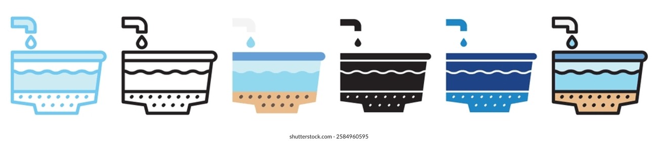 Basin multi-style icon, outline, flat, glyph, dual tone, line color, UI, UX kit, app and web development, digital or print. For industry, education, ecology, environment, water treatment theme.