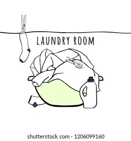 Basin with a pile of linen. Clothesline with socks and clothespins. Sheets, towels and a detergent. Isolated symbols of laundry. Background for advertising, brochures, flyers. Hand drawn Illustration.