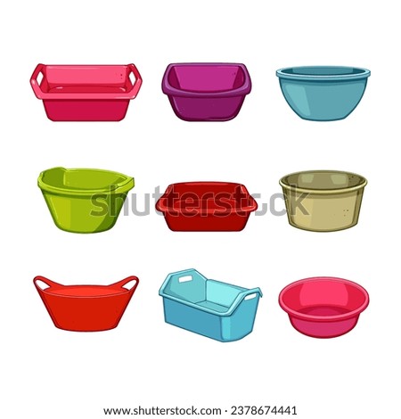basin plastic set cartoon. clean object, bucket bowl, utensil equipment basin plastic sign. isolated symbol vector illustration