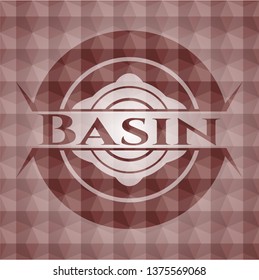 Basin red emblem or badge with abstract geometric pattern background. Seamless.