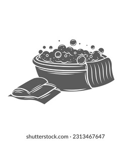 Basin with soap foam and rag glyph icon vector illustration. Stamp of plastic bucket with cleaning soapy bubbles of detergent, silhouette of tools to clean dirty home surfaces or laundry basin