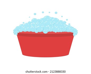 Basin of soapy foam. Vector illustration of a red laundry basin filled with soap foam, isolated on a white background.