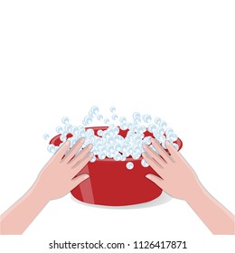 A basin with soapy water and two hands on a white background: washing, cleaning.