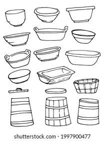 The Basin vector set. a set of insulated plastic basins and bowls and wooden barrels, courts and tubs , painted in doodle style, side view with an isolated black line on a white background for a label