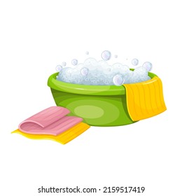 Basin with washing detergent and rags color vector illustration. Cleaning foam with bubbles in bowl in cartoon style, isolated