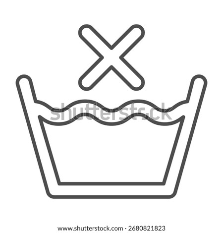 Basin with water and cross thin line icon, manual washing concept. Vector graphics. Manual wash prohibition sign sign on white background, outline style icon for mobile or web design