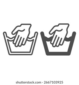 Bacia com água e linha de mão e ícone sólido, conceito de lavagem manual. Gráficos vetoriais. Água de temperatura normal, sinal de lavagem no fundo branco, ícone de estilo de contorno para design móvel ou web