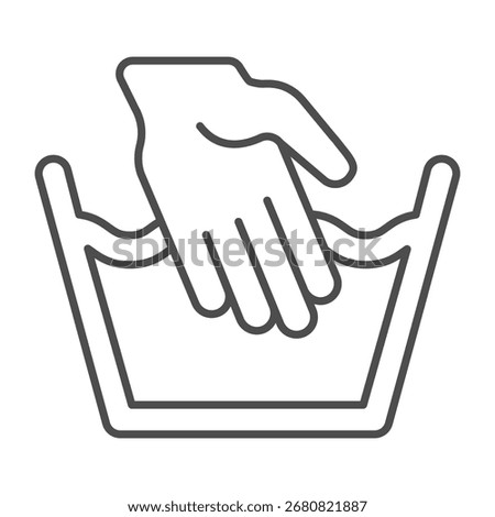 Basin with water and hand thin line icon, manual washing concept. Vector graphics. Normal temperature water, wash sign on white background, outline style icon for mobile or web design