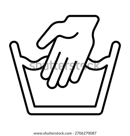 Basin with water and hand thin line icon, manual washing concept. Vector graphics. Normal temperature water, wash sign on white background, outline style icon for mobile or web design
