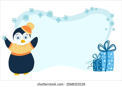 The basis for the children's New Year banner with a penguin and boxes with gifts. Christmas frame for text with penguin. Design text box frames.