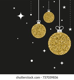 Basis dark gray background. Glitter gold Christmas flat balls. Great for Christmas and New Year greeting cards, party posters, banners, flyers. Celebration vector illustration.