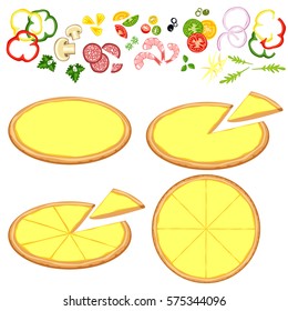 Basis for the pizza and different ingredients.