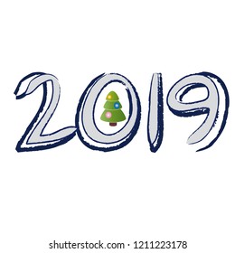 The basis for the postcard to celebrate the new year. Green Christmas tree decorated with balls and date (2019) as symbols of the new year. Vector illustration.
