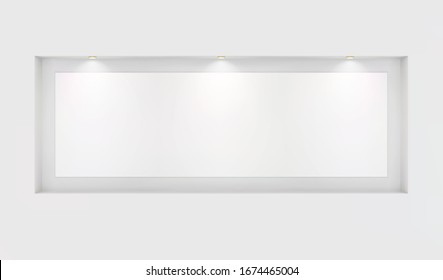 The basis for your images in a niche with backlight on a white wall. Place for an exhibition. Front view, layout template for design. Light effect on a separate layer. Vector.