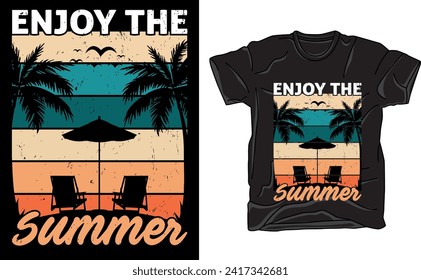 Bask in summer vibes with this vibrant tee. A sun-kissed beach scene, palm trees swaying, and refreshing waves create a cool, laid-back design, perfect for embracing the sunny season in style.