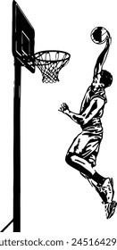 Baskeball player jumping slam dunk illustration