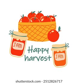 Basket with apples and  apple jam isolated on a white background. Gathering harvest. Vector illustration of fresh ripe fruits in containers for storage. Clip art collection of isolated products