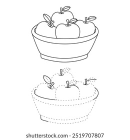 A basket of apples coloring pages for kids. Trace and color a basket of apples vector. Coloring book for kids. Worksheet for kids. Kindergarten and preschool worksheets printables for kids.