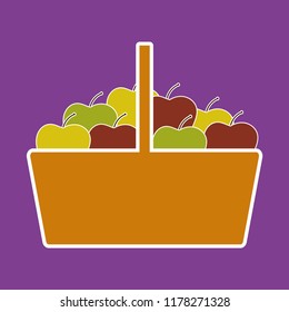 Basket with apples of different colors, typical autumn fruit. Flat design style with white border.