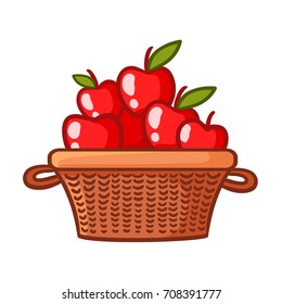 Basket with apples on a white background. Vector illustration with fruits in cartoon style.