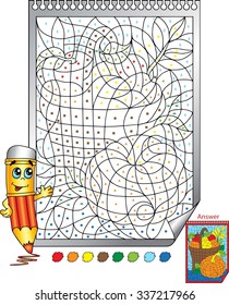 basket with apples and pears and pumpkin, coloring maze for children 