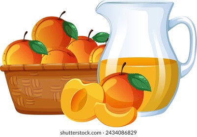 Basket of apricots next to a pitcher of juice