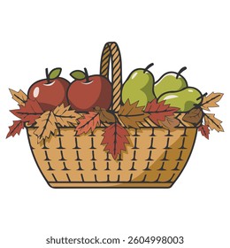 Basket of autumn fruits isolated vector illustration on white background