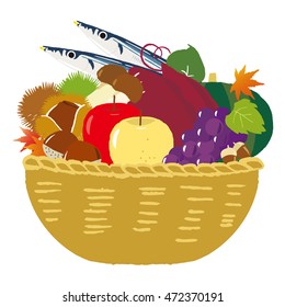 Basket with autumn fruits and vegetables on white background. Vector illustration of the autumn harvest. The background with fresh, natural foods and autumn leaves.