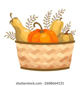 Basket autumn harvest icon. Grocery products in eco basket. Fresh organic healthy vegetarian food. Wicker baskets with autumn harvest of vegetables isolated on white
