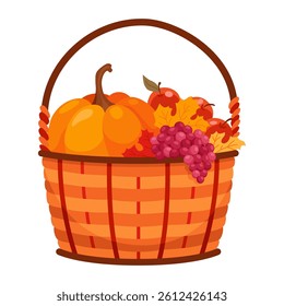 Basket autumn harvest icon. Grocery products in eco basket. Fresh organic healthy vegetarian food. Wicker baskets with autumn harvest of fruits and vegetables isolated on white