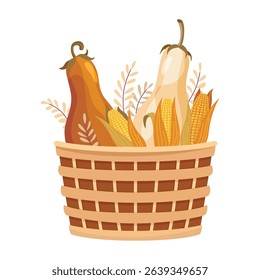 Basket autumn harvest icon. Grocery products in eco basket. Fresh organic healthy vegetarian food. Wicker baskets with autumn harvest of vegetables isolated on white