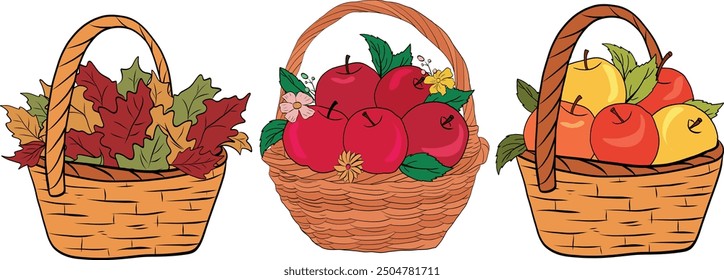 Basket of autumn leaves and Basket of autumn apples. Art and Illustration