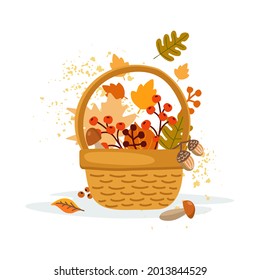 Basket with autumn leaves, berries, mushrooms, acorns, oak and maple leaves. Leaf fall. Traditional attributes of the autumn season. Vector illustration