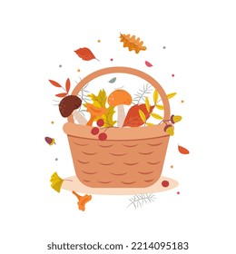 Basket with autumn leaves, berries, mushrooms, acorns, oak leaves. Leaf fall. Traditional attributes of the autumn season. Vector illustration