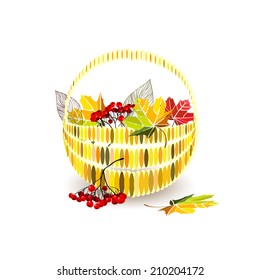 Basket with autumn leaves. Vector