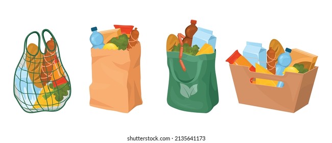 Basket bag box food set of isolated icons with carry on bags filled with grocery products vector illustration