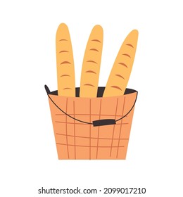 Basket with baguette hand drawn naive art