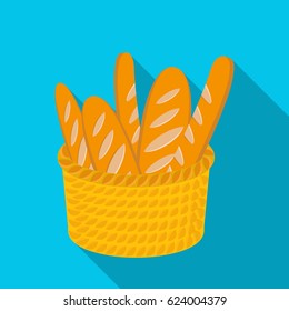 Basket of baguette icon in flat style isolated on white background. France country symbol stock vector illustration.